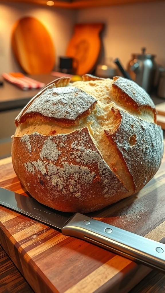 A golden-brown crusted sourdough bread on a wooden board, with a knife beside it.